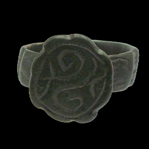 Medieval Bronze Ring with Scroll Decorated Bezel